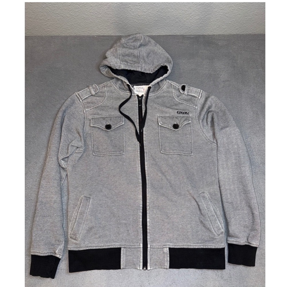 Ezekiel Mens Full Zip Hoodie Grey Herringbone Military Style Jacket Medium